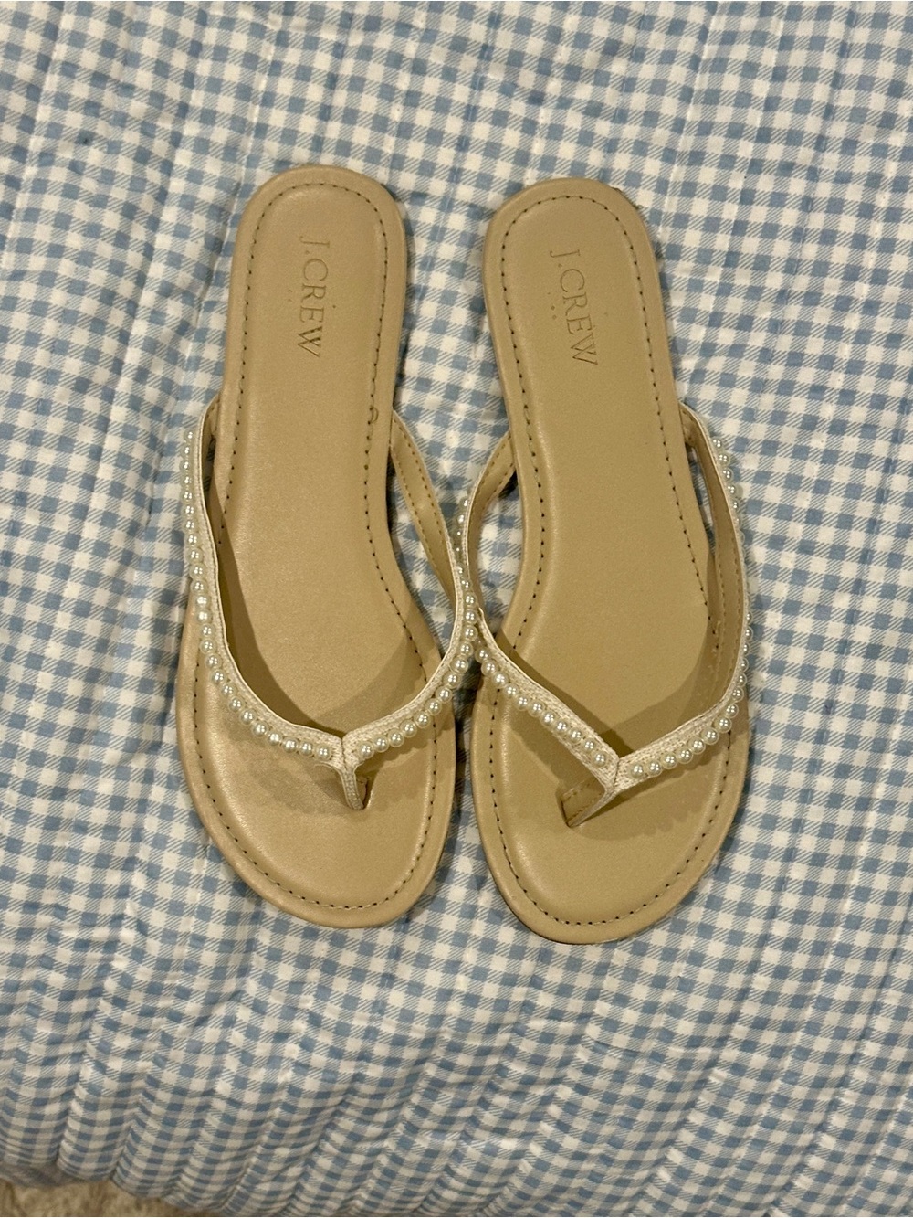 J. Crew Tan Pearl-Trim Thong Sandals